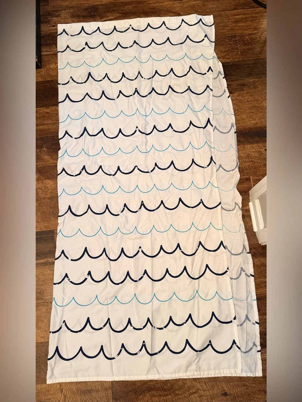 Pillowfort White Shower Curtain with Navy & Light Blue Wave Stripes